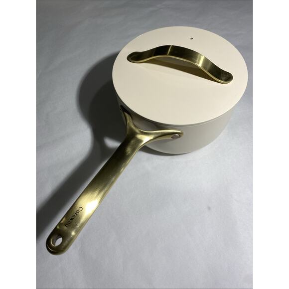 Caraway Nonstick Ceramic Pan Pot w/ Lid 3 qt Non Toxic PTFE Free Cream / Gold